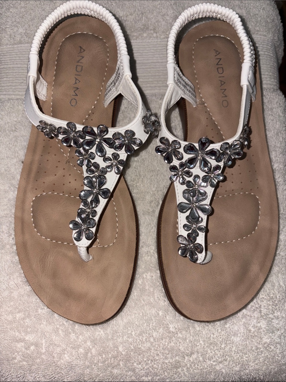 Andiamo White Jeweled T-Strap Sandals